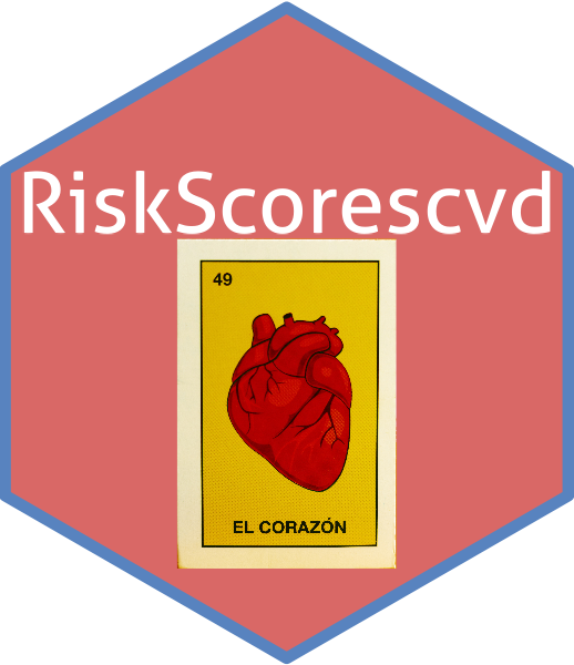 Hex logo of R package RiskScorescvd. Logo is a rectangular card with a picture of cardiac heart.
