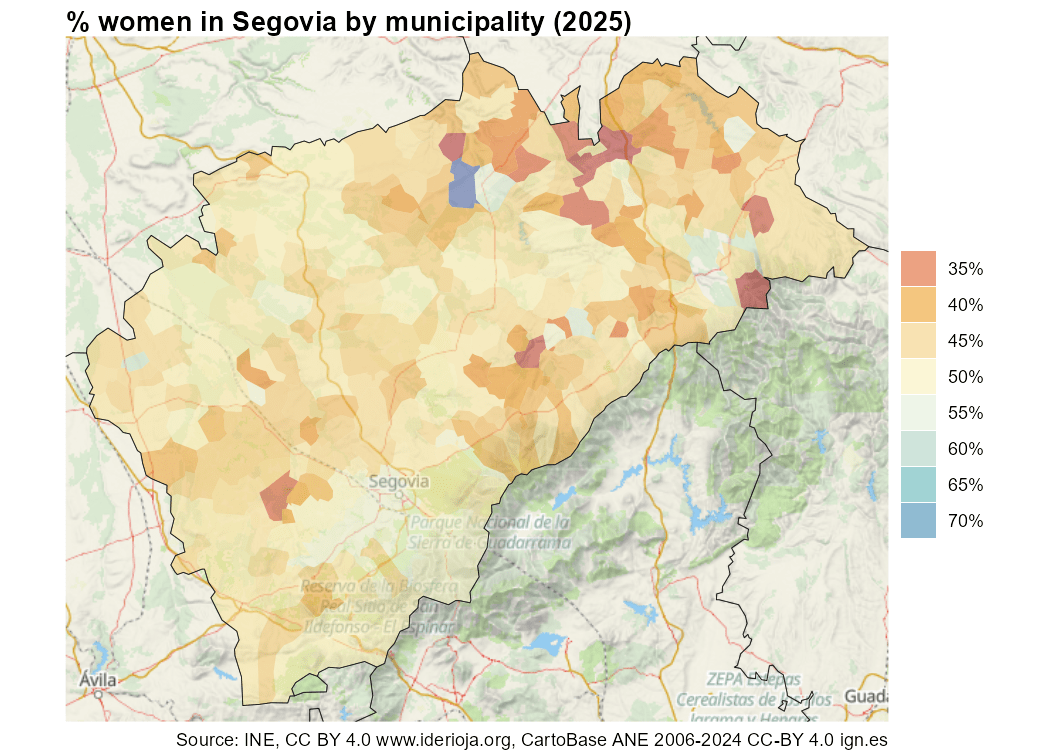 Percentage of women in Segovia by municipality (2025)